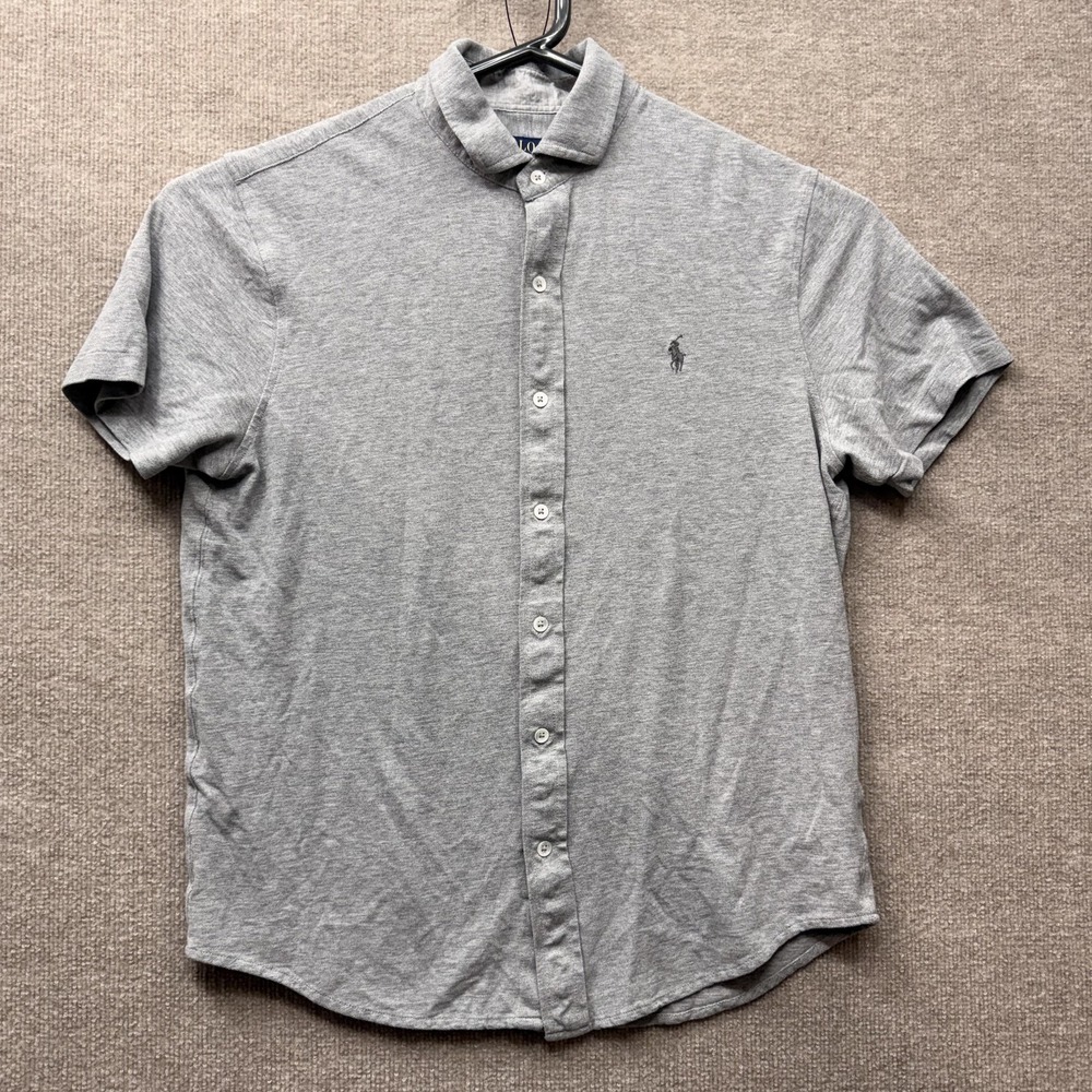 Polo Ralph Lauren Shirt‎ Mens Large Gray Slim Fit Jersey Knit Casual Button Up